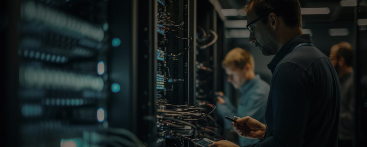 Technicians managing server equipment in a data center