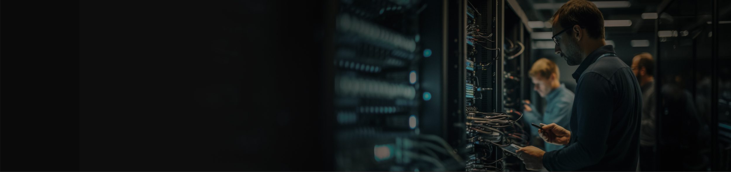 Technicians managing server equipment in a data center