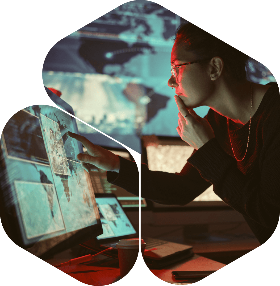 Focused Analyst Reviewing Data on Multiple Screens