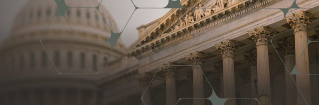 Stylized image of a government building with a network overlay