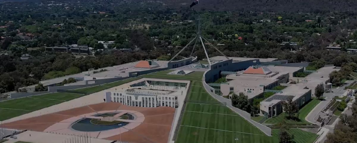 Aerial view of Australian Parliament House with fields and outdoor areas