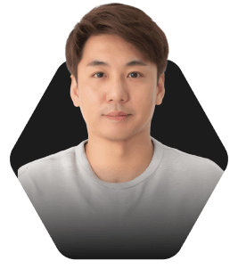 Smiling man in a cap with a welcoming expression featured in a hexagonal frame on a dark background