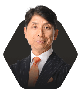 Professional Headshot with a Warm Smile featured in a hexagonal frame on a dark background
