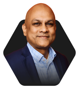 Professional Headshot with a Warm Smile featured in a hexagonal frame on a dark background