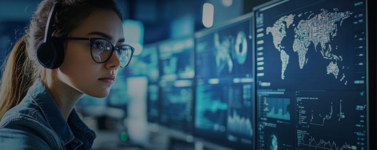 Profesional concentrado en el análisis de datos en un entorno de alta tecnología