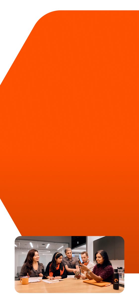 Abstract design with a bold orange background and a small image of a modern building