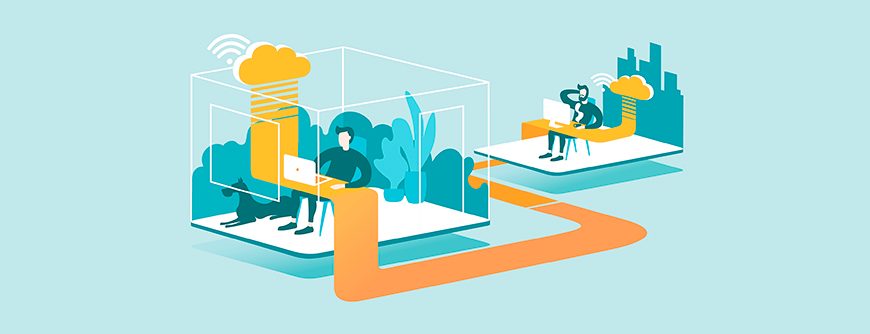 3D Technical Illustration explaining how cloud computing enhancing our ability to work anywhere. Isometric layout explaining the principle of remote work in the office through the cloud.; Shutterstock ID 1259685571; purchase_order: I wonder if Katy German will notice this one; job: ; client: ; other: 
