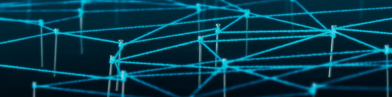 Blue threads crisscross and connect various nodes on a dark background, resembling a network diagram.