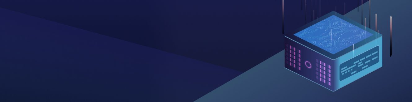 A blue and purple abstract representation of a computer or server in a digital environment.