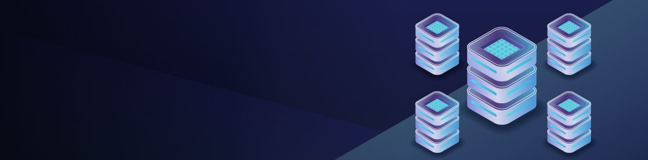 Illustration of multiple abstract server stacks in a digital environment on a blue background.