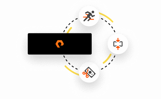 Logotipo de Pure Storage con iconos que representan la velocidad, el ahorro de costos y la compresión de datos.