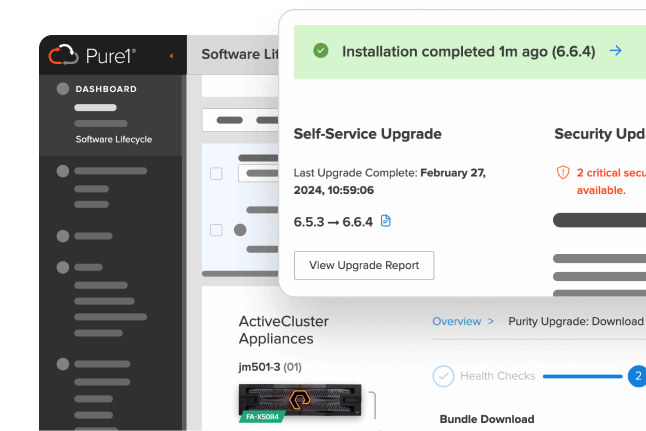 Pure1 dashboard with software upgrade status.