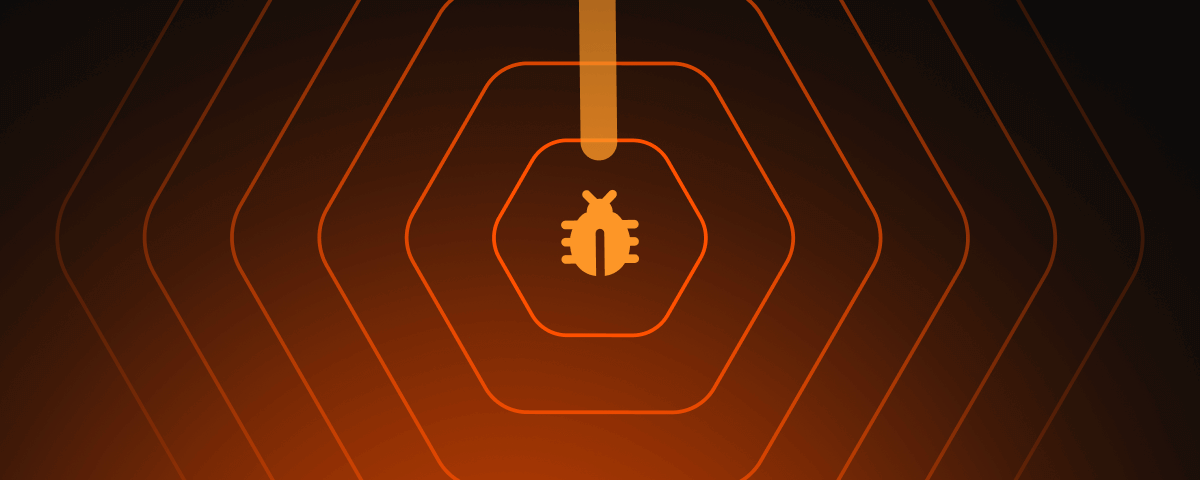 Orange glowing concentric shapes with a bug icon at the center on a black background.