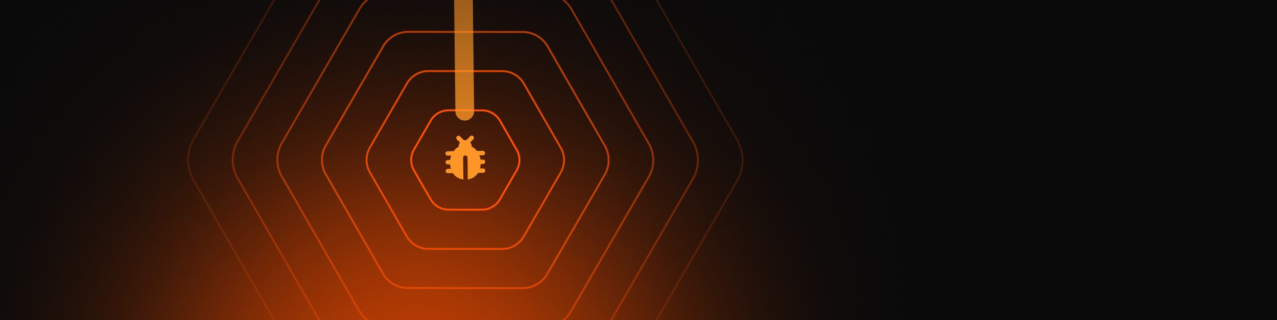 Orange glowing concentric shapes with a bug icon at the center on a black background.