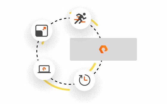 Logotipo de Pure Storage con iconos que representan la velocidad, el rendimiento, la escalabilidad y la recuperación.