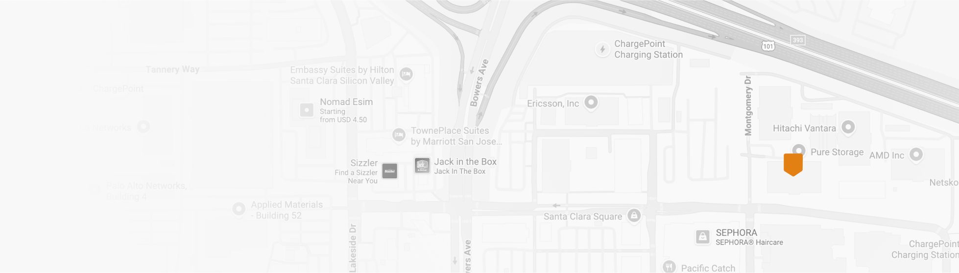Map pinpointing location of the Everpure headquarters in Santa Clara, California
