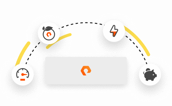 Logotipo de Pure Storage conectado a iconos que representan la eficiencia, la potencia, el rendimiento y el ahorro.
