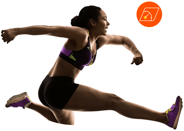 Athlete captured in action, performing a dynamic leap while running