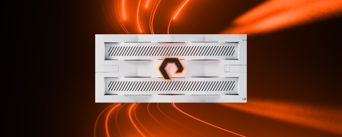 White FlashBlade//S500 with glowing orange Pure Storage logo, surrounded by flowing orange light trails on a black background.