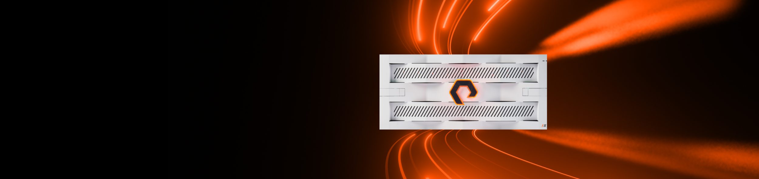 White FlashBlade//S500 with glowing orange Pure Storage logo, surrounded by flowing orange light trails on a black background.