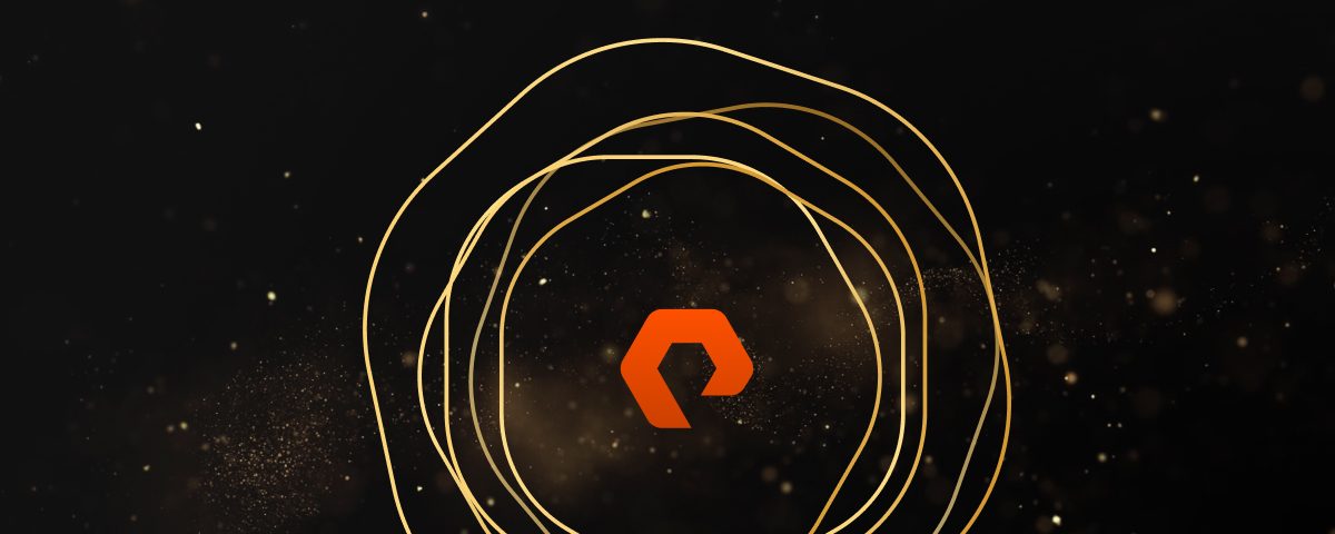 Abstract design featuring a stylized Pure Storage logo with a dynamic circular pattern