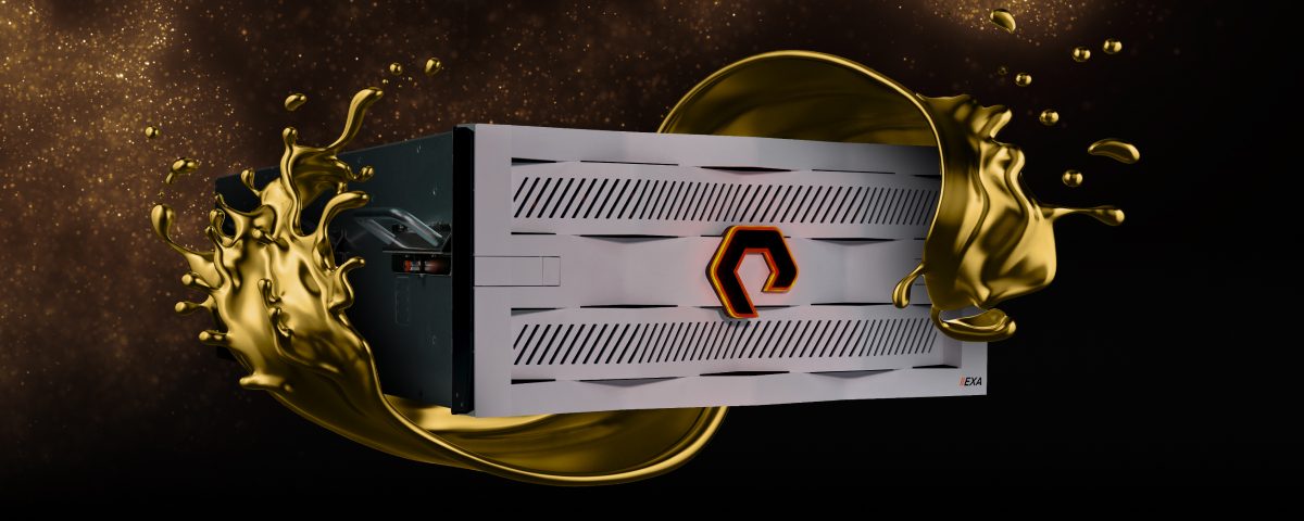 FlashBlade//EXA bezel surrounded by a splash of gold liquid and sparkles