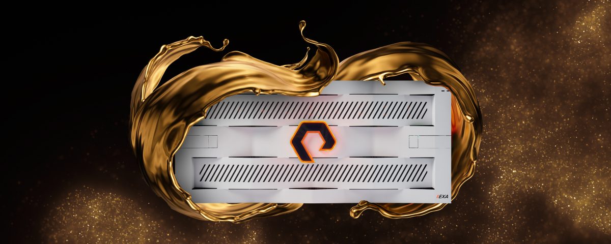 Stylized Pure Storage logo on a FlashBlade//EXA bezel with metallic design and golden accents